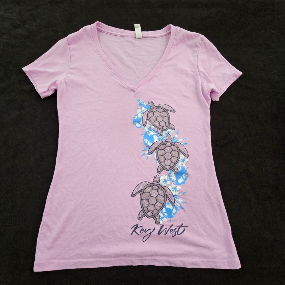 Key West FL Turtles Pink Short Sleeve Cotton Blend V-Neck T-Shirt Women's M